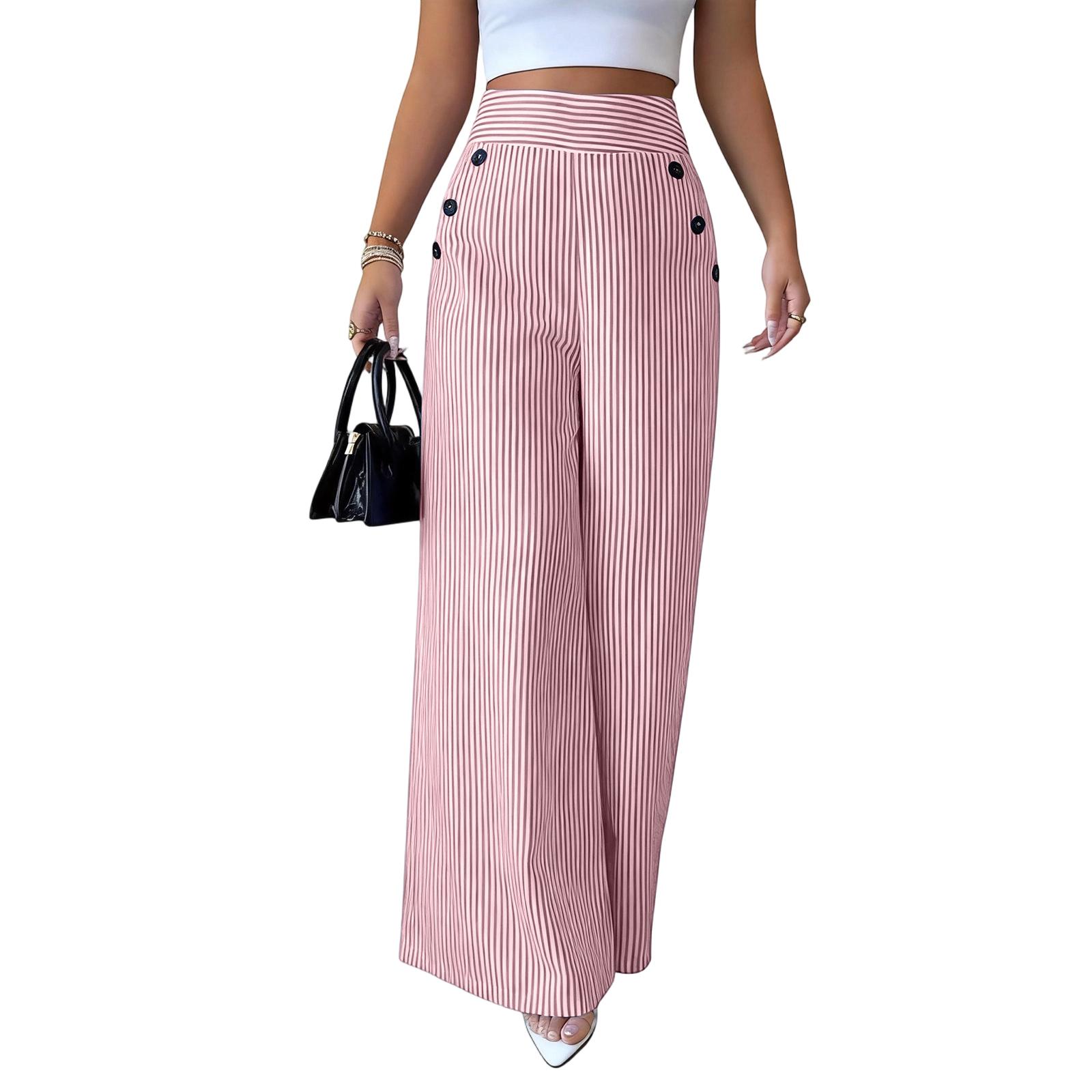 

High Waist Wide Leg Trousers with Button Detail Vertical Stripe Pattern Loose Fit Straight Cut Casual Pants for Women L червоний