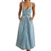 Summer Vintage Washed Denim Suspender Overall Midi Dress, Single Breasted Casual Women's Dress for Europe America Crossbody