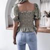 Women Spring Summer Chic Floral Print Shirt Blouse Top Square Collar Short Lantern Sleeve Ruffle Hem Slim Waist Simple Chiffon S-XL