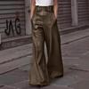 Pu Leather Women's Long Pant Solid Color High Waist Wide Leg Lady Trousers Pleated Pockets Belt Vintage Female Streetwears