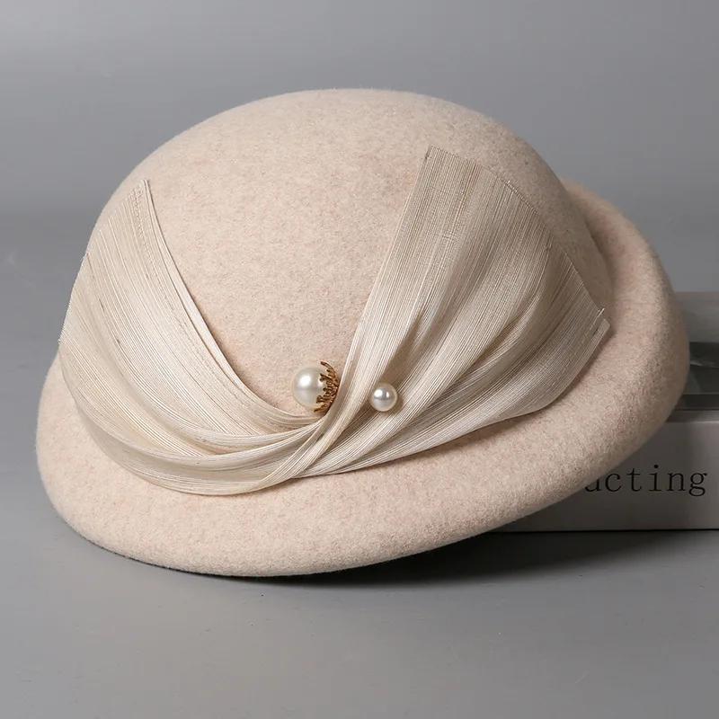 

French Silk Linen Beret Women Australian Wool Felt Hat Pearl Accents Designer Winter Socialite Chic Hat 56-58cm