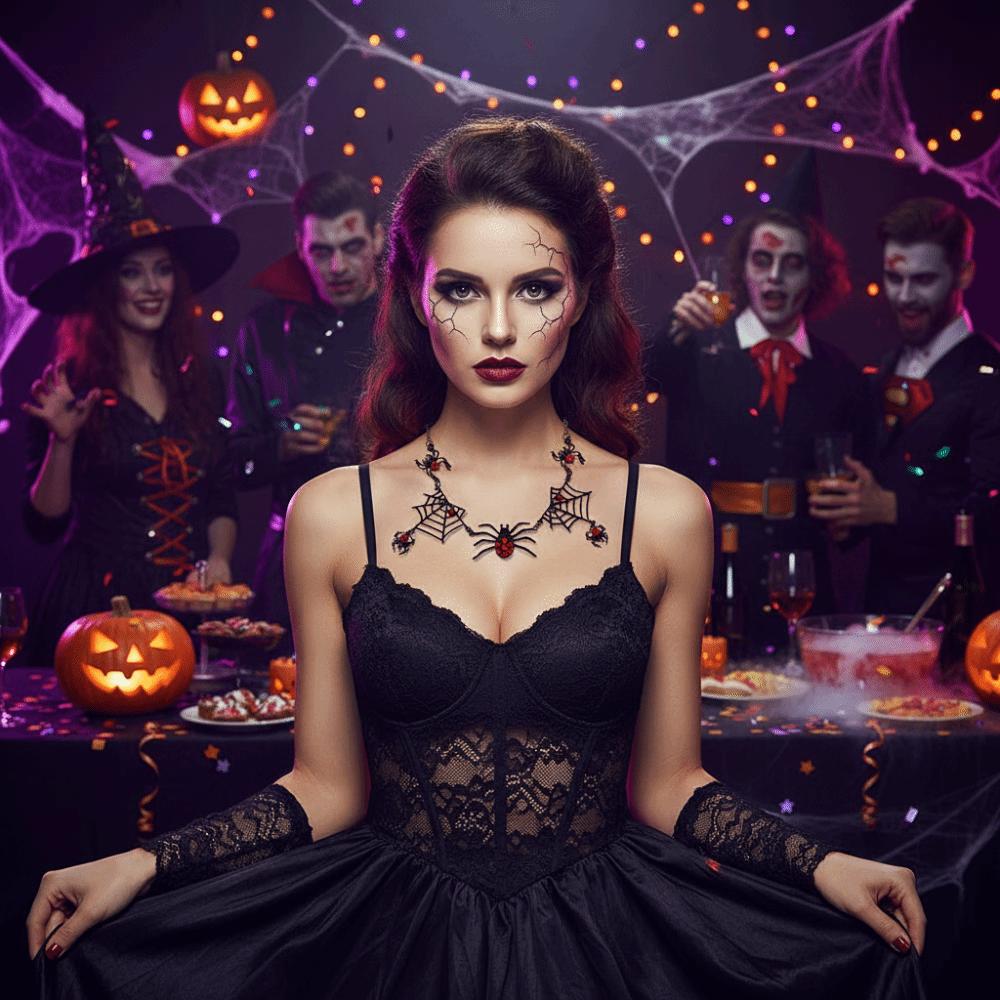 Exaggerated Design Halloween Black Spider Web Necklace Vintage Spider Clavicle Chain Pub