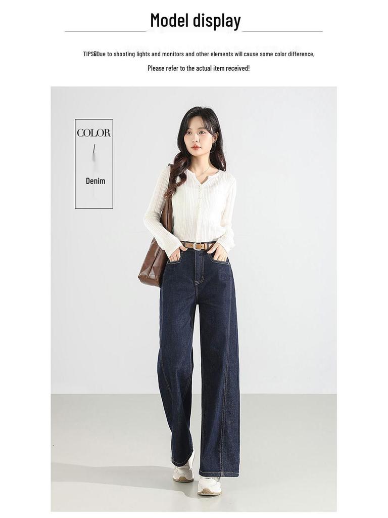 2025 Trendy Women's Wide-Leg Dark Blue Jeans - Spring Straight-Leg Drape Pants