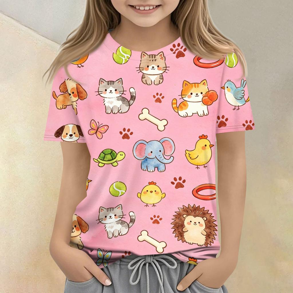 Kids Animal Print Crew Neck Short Sleeve Casual Loose Fit T Shirt Soft Comfortable Fabric Suitable for Everyday Wear