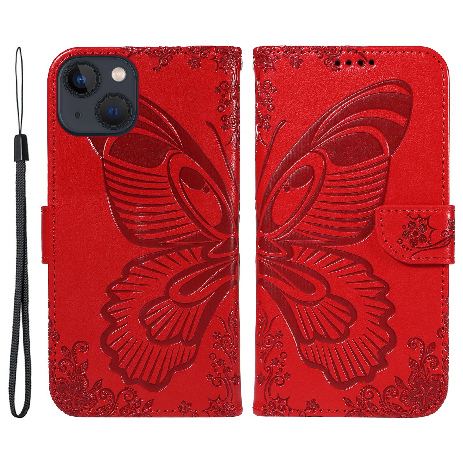 

For iPhone 14 Case Butterfly Pattern Leather Phone Cover with Wallet Stand Red