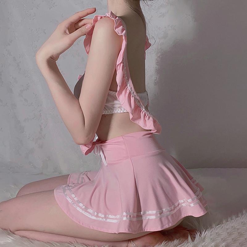 Erotic Underwear Sexy Off-shoulder Crop Top With Cut-out And Sheer JK Uniform Bow-backless Role-playing Costume Seductive Set