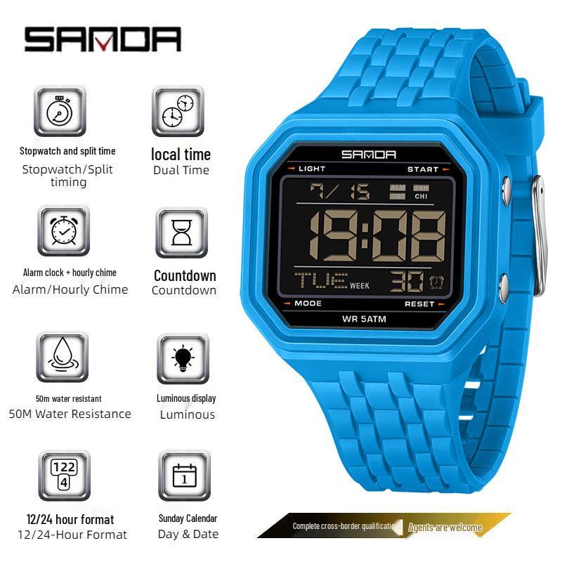 SANDA Unisex Fashion Square Multifunctional Wristwatch – Waterproof, Alarm, Electronic Timer.