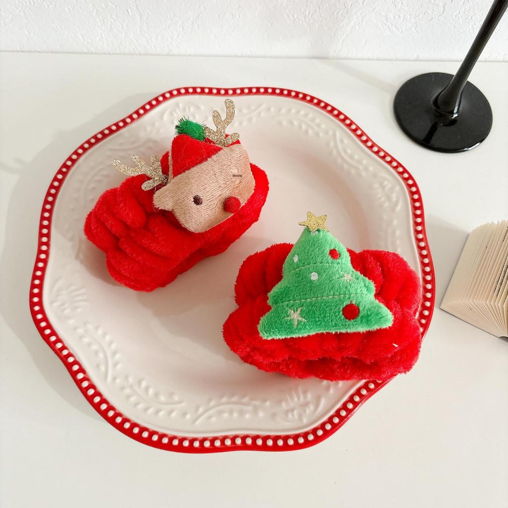 Christmas Plush Headband & Wristband Set for Women - Waterproof Makeup and Face Wash Accessory.