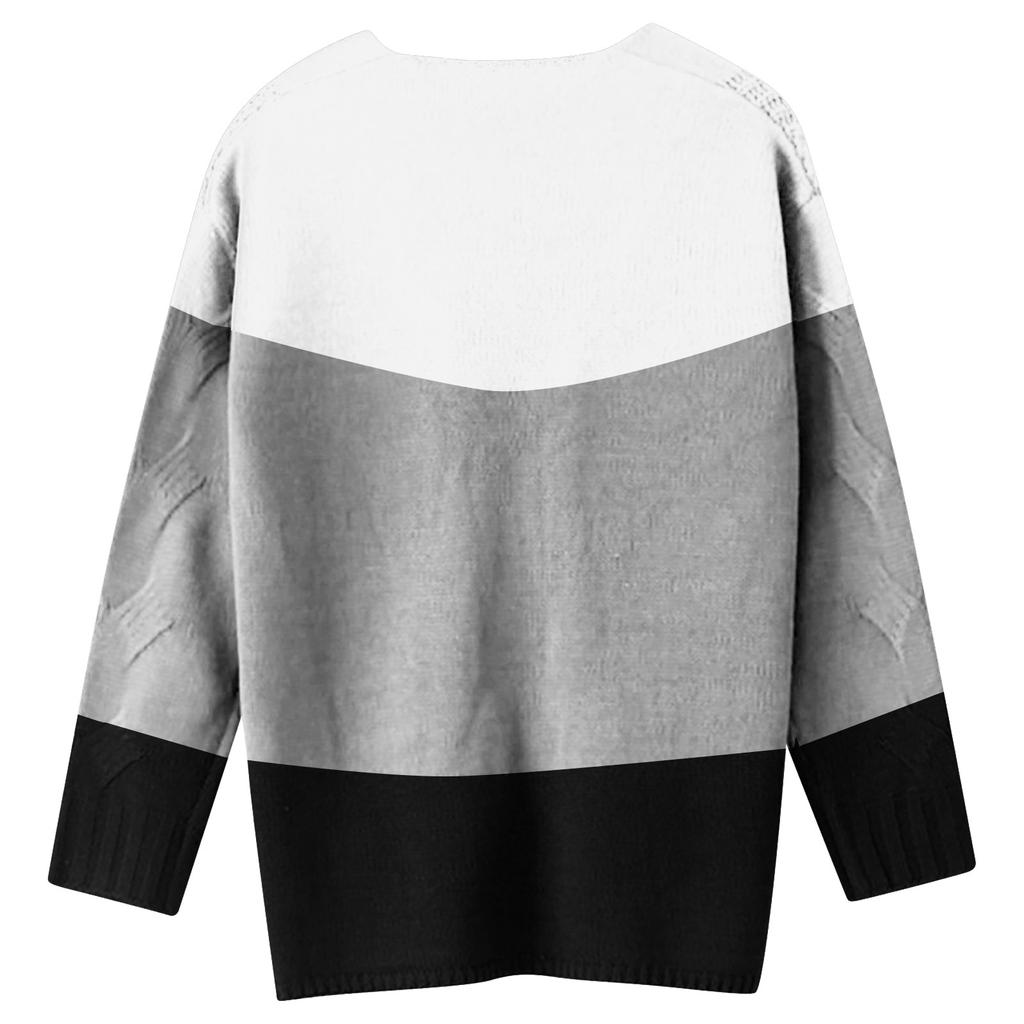 Womens Lady V-neck Sweater Casual Patchwork Loose Long Sleeve Tops Slim Fit Pullover
