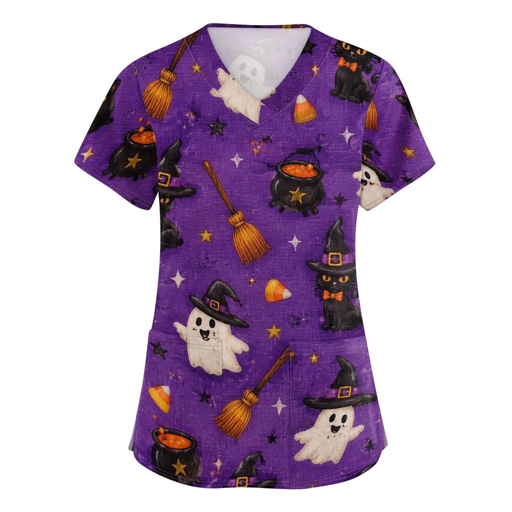 Women's V-Neck Short Sleeve Scrub Top with Pockets, Halloween Print Work Shirt for Clinic and Daily Wear