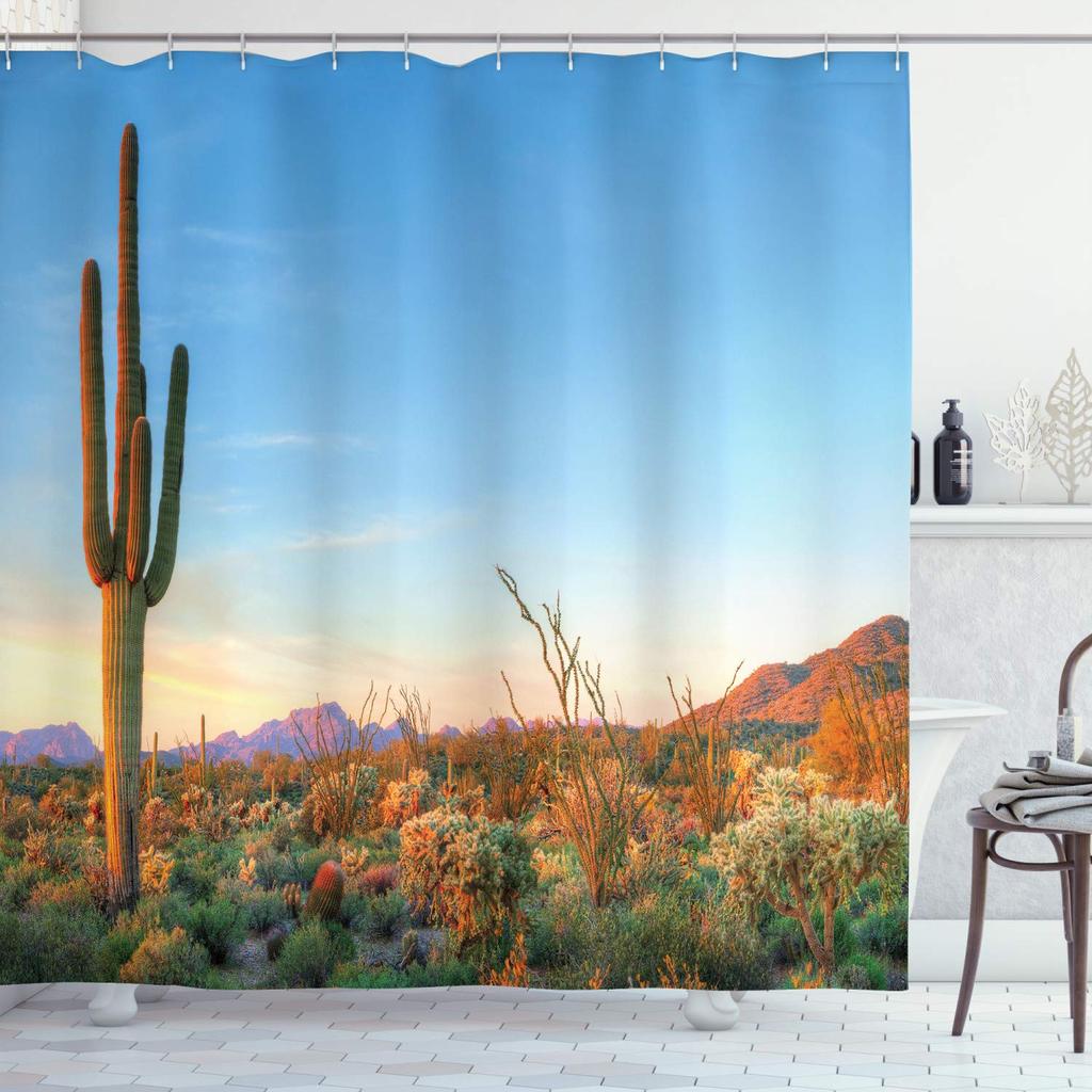 Cactus Shower Curtain,Western Nature Wild West Nature Sunset In Sonoran Desert Near Phoenix Fabric Saguaro Bathroom Curtain Sets