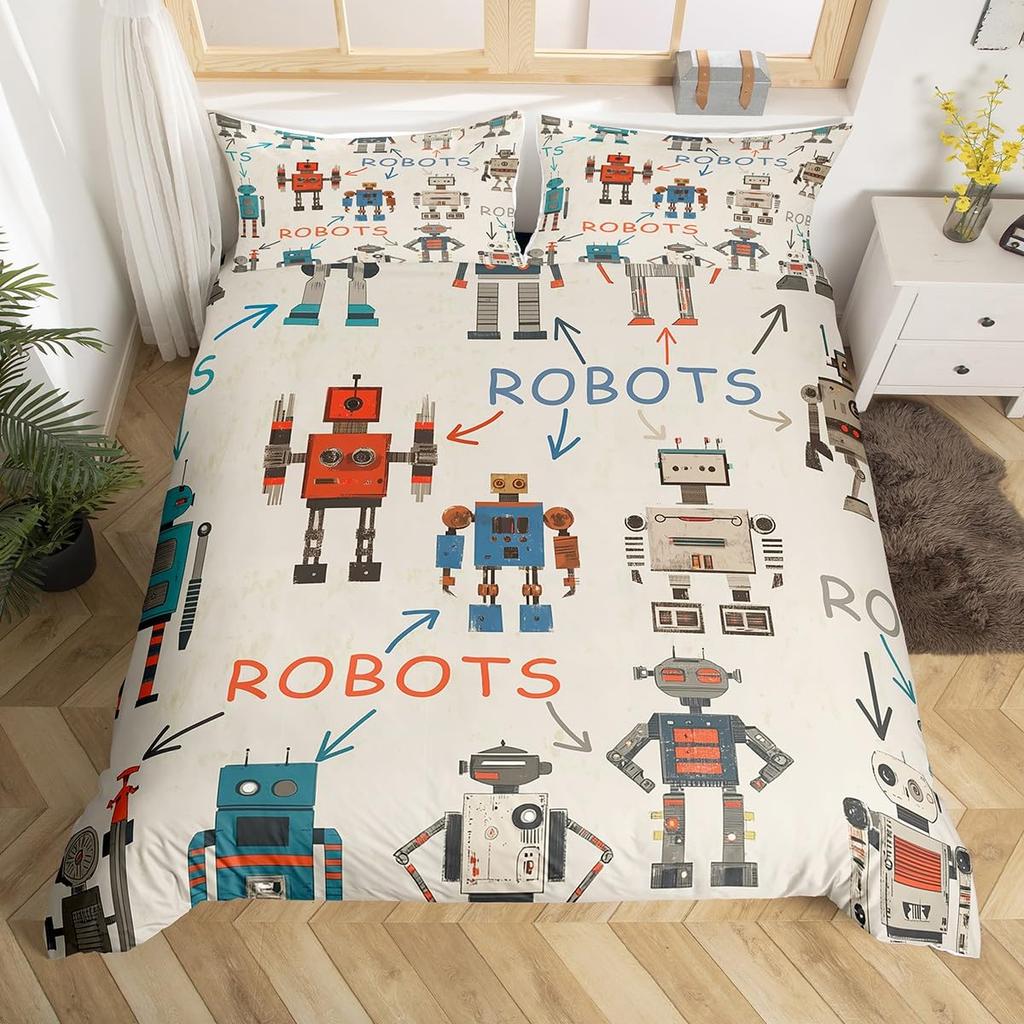 Cartoon Robot Duvet Cover Watercolor Screw Tools Bedding Set Modern Sci-Fi Robot Comforter Cover For Kids Polyester Quilt Cover
