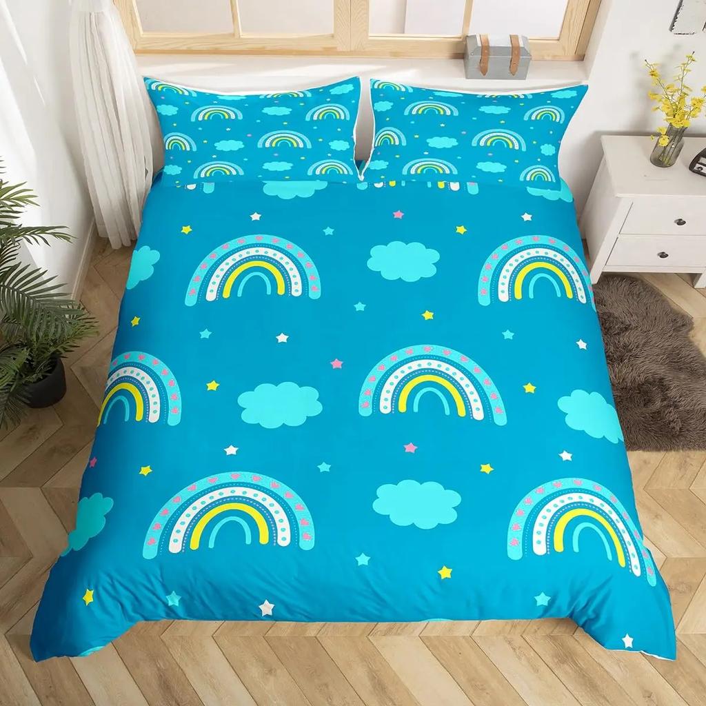 Cartoon Rainbow Sun Bedding Set For Girls Kids Bedroom Decor Comforter Cover Kawaii Art Duvet Cover Polyester Comforter Cover