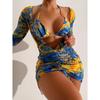 Women's Split Three Piece Set Printed Net Red Tie Dyed Lace Up Drawstring Swimsuit Bikini Sets