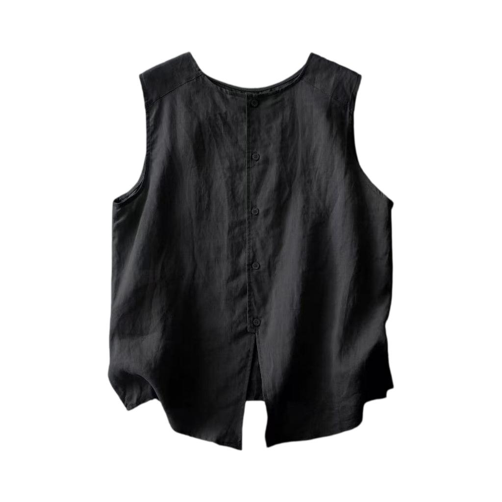 Women's Button-down Round Neck Linen Sleeveless Vest With Two-way Design