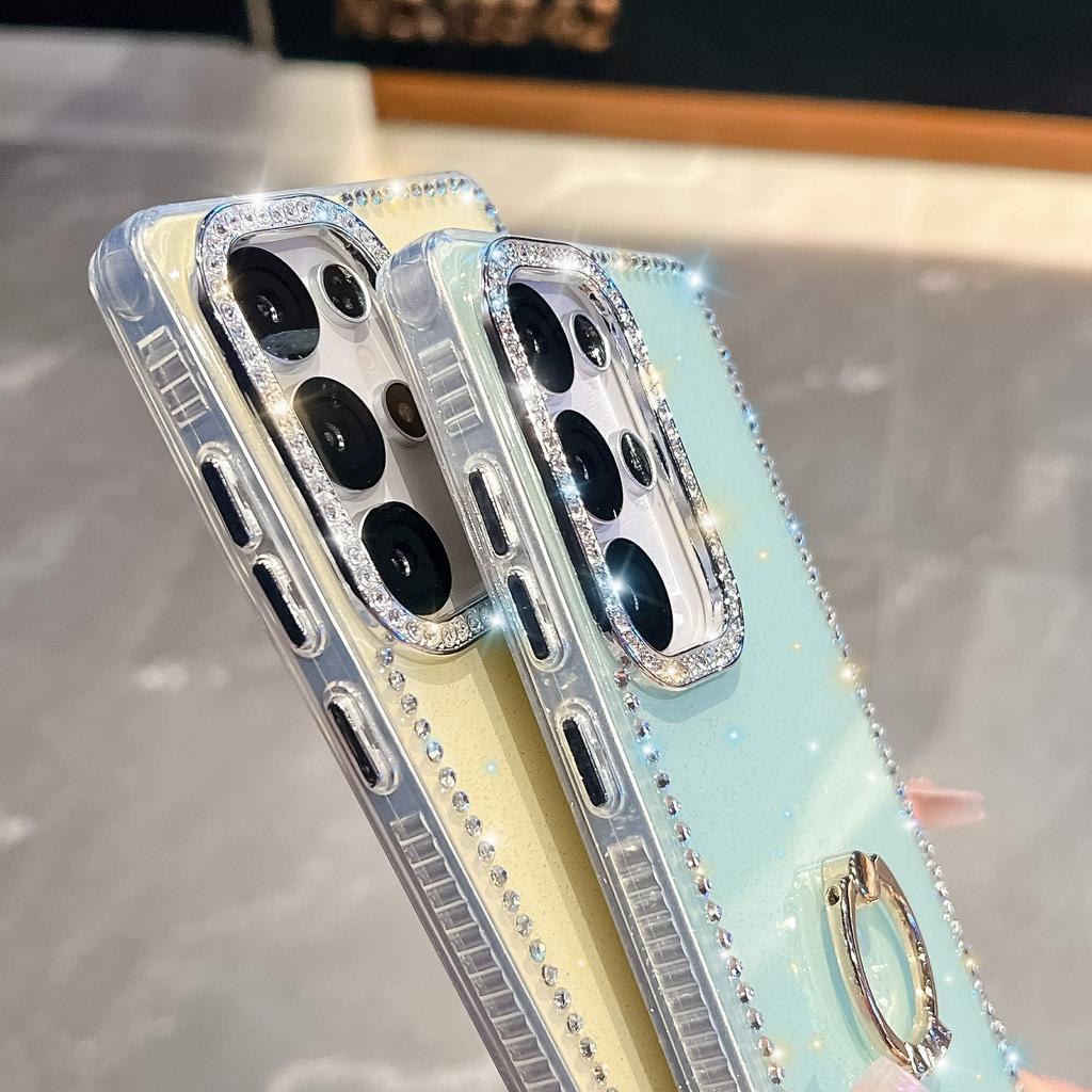 For Samsung Galaxy S24 Ultra Case with Ring Kickstand Rhinestone Edge TPU+PC IMD Phone Cover