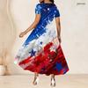 Women Plus Size Round Neck Short Sleeve Star Printed White High Waist A Line Long Dress