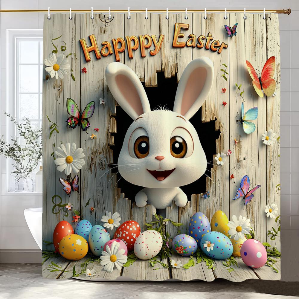 Happy Easter Bunny Eggs In Wooden Board Hole Cartoon Shower Curtain, Bathroom Decorative Shower Curtain, Home Curtain with Hooks