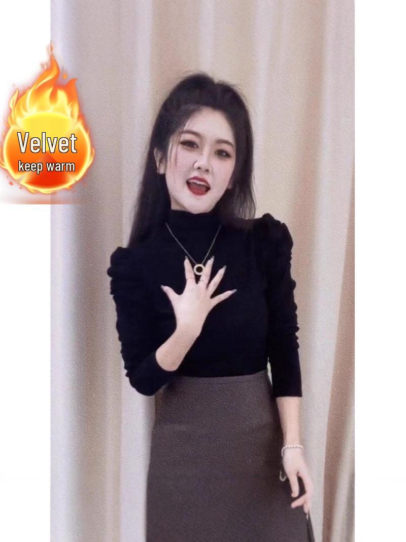 French Stand Collar Puff Sleeve Slimming Base Layer T-Shirt for Women - Autumn/Winter Collection Medium