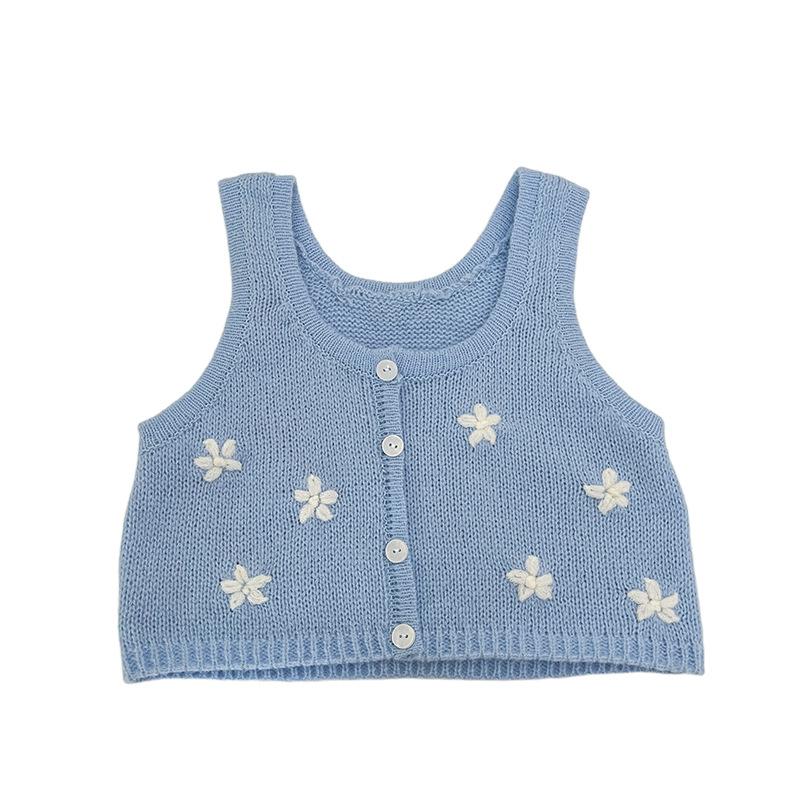 Super Korean Baby Spring Knitted Vest Three-Piece New Girls Sweet Suspender Doll Collar Bottom Shirt Straight Pants
