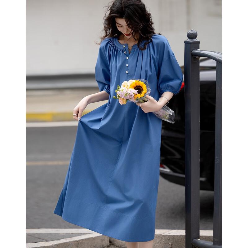 Demana Sommer Lockere Passform Reines Baumwoll-Puffärmel Mittellanges Kleid