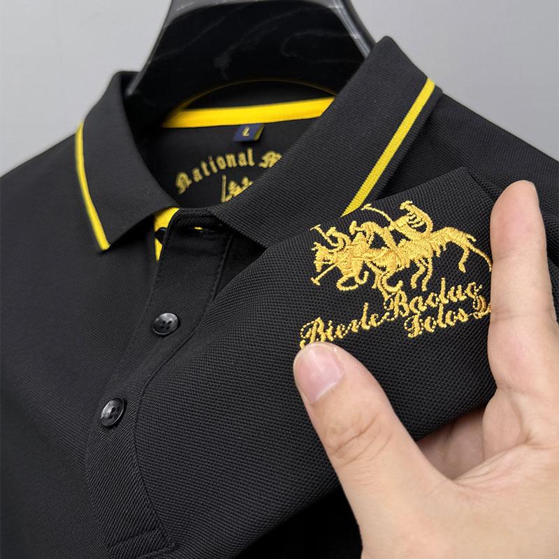 Wovey Paard Borduur Heren Poloshirt Lente Herfst Collectie Mode Lange Mouwen T-shirt Casual Zakelijke Herenkleding 4XL zwart