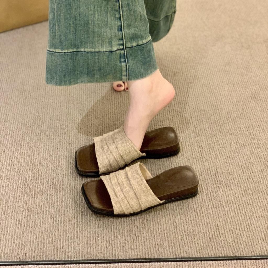 Wedge heel platform linen slippers women's summer wear new holiday with skirt one-word drag retro beautiful square head sandals