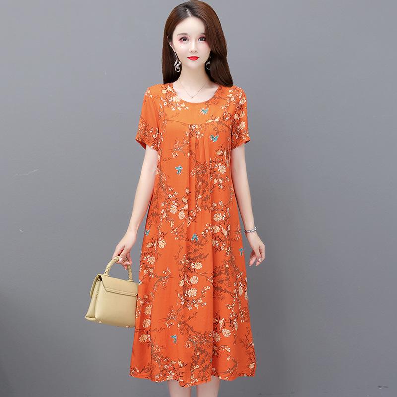 2023 Summer Floral Cotton & Rayon Dress - Stylish, Loose-Fitting, Short Sleeve for Middle-Aged & Elderly Women