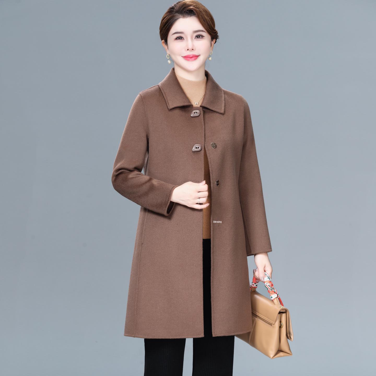 

Mid-Length Double-Faced Cashmere Coat for Middle-Aged and Elderly Women - Autumn/Winter High-End Slim Wool Jacket XL (105-115 lbs)