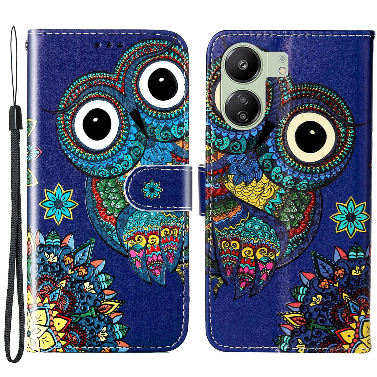 

Phone Case For Xiaomi Redmi 13C 4G/13C 5G/13R 5G/Poco C65 4G/Poco M6 5G Shell Leather Pattern Printed Card Slot Blue Owl