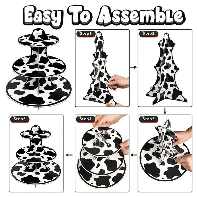 3 Level Dessert Display Tower for Kids Birthday Celebration Cupcake Holder Elegant Cow Print Cake Storage Stand