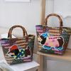 Puppy Pattern Retro Striped Woven Bag Bamboo Handle Summer Women's Handbag  Casual Shopping