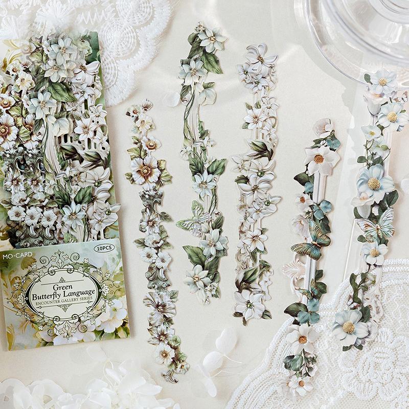 10Sheets Long Floral Stickers Hollow Relief Craft Diy Scrapbooking Collage Stationery Decor Journal Frame Decoration Stickers