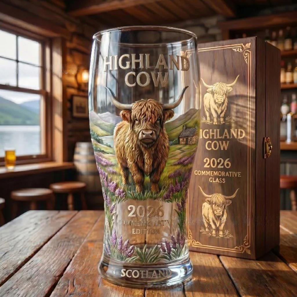 Glass 2026 Highland Cow Commemorative Glass Colored Glass Bottles Vintage Cow Pattern Drinkware for Dining Table Birthday