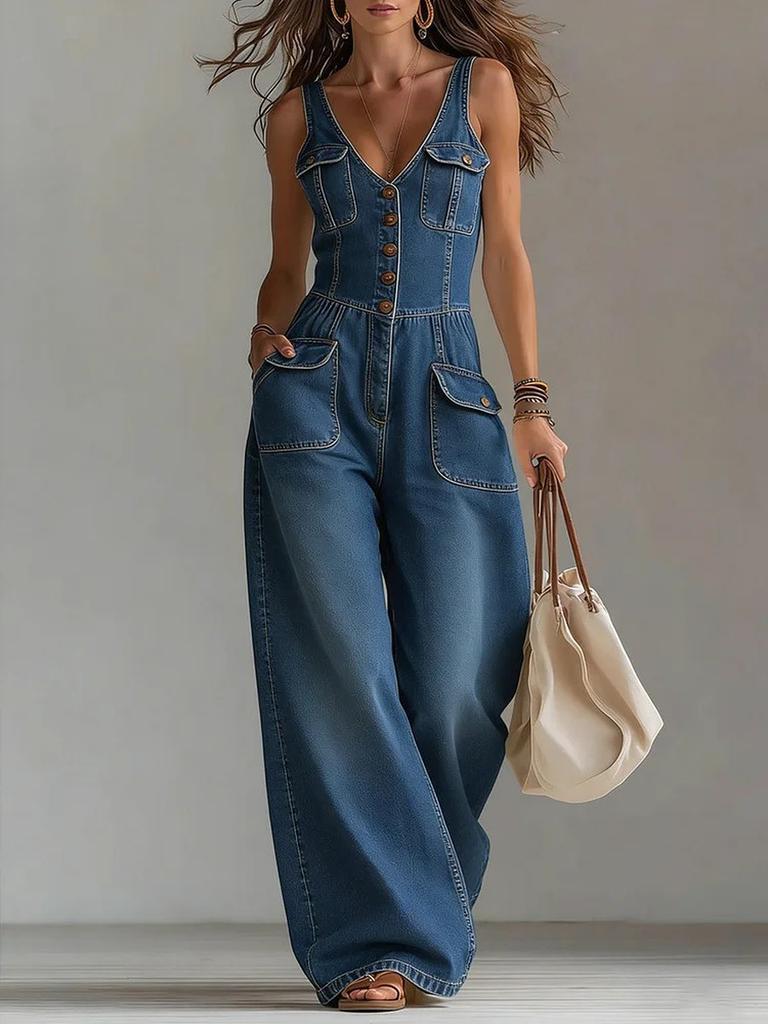 High-Waisted Wash Denim Jumpsuit Wide Leg Loose Sleeveless Strap Jumpsuit Pants