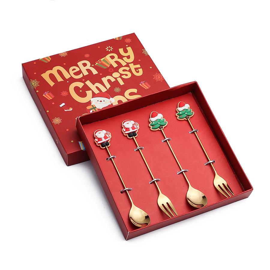 4Pcs Stainless Steel Christmas Coffee Spoon Forks Set with Exquisite Paper Box Stainless Steel Gold Xmas Dinner Tableware