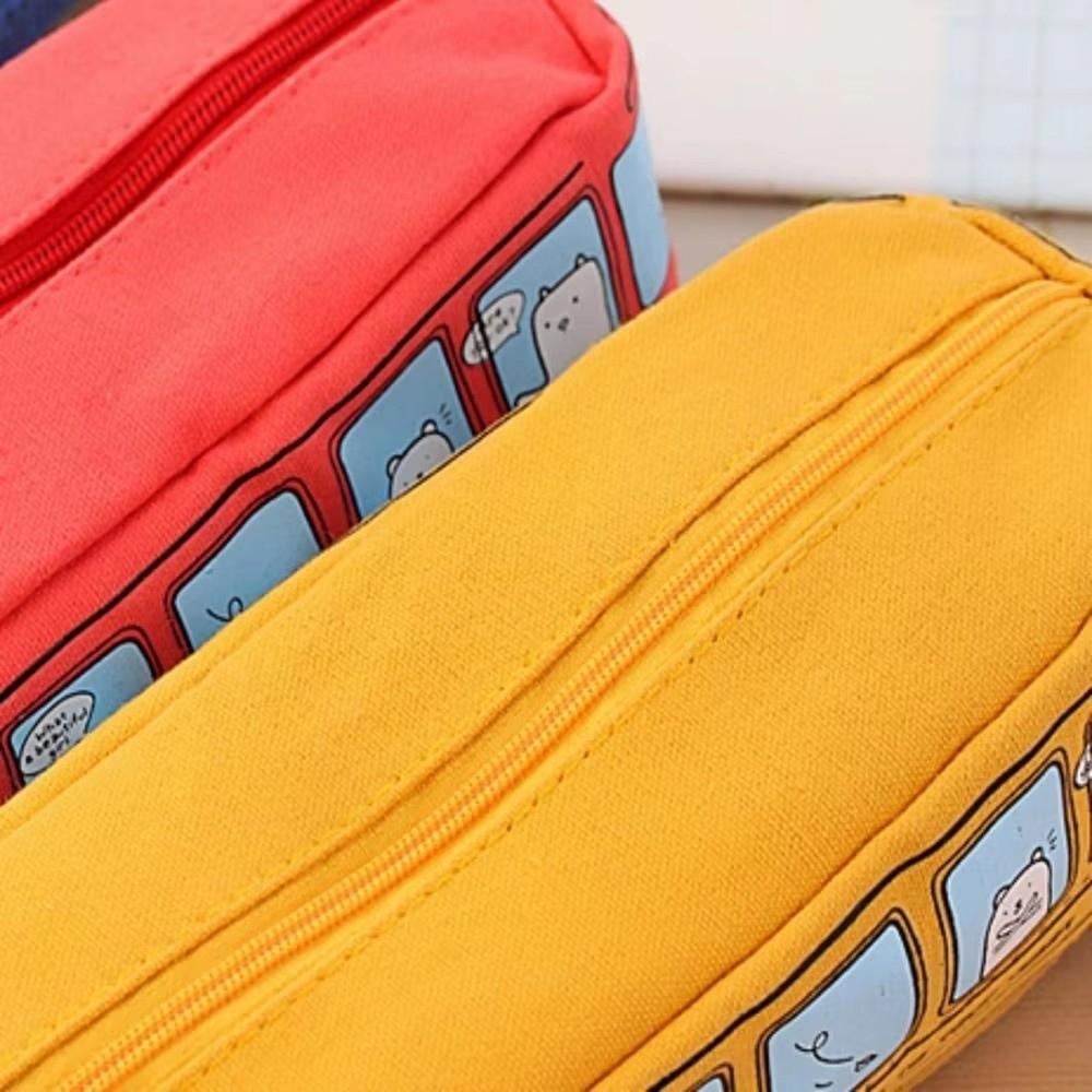 Zipper Closure School Bus Pencil Case Canvas Material Stationery Box Pen Bag Storage Use