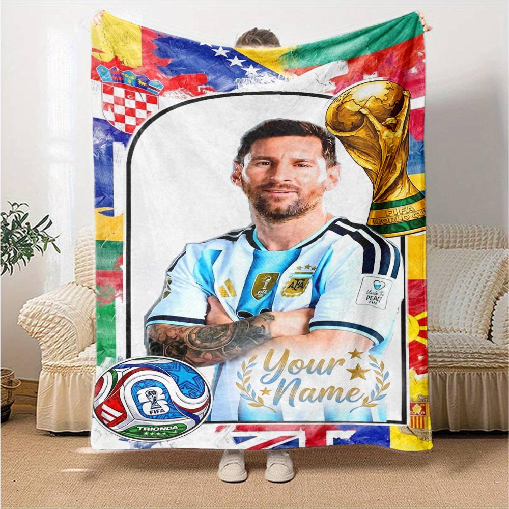 Football Messi Personalized Name Blanket Throw Customizable Blanket Ultra-Soft Perfect for Livingroom Home Decor Office Chair Couch