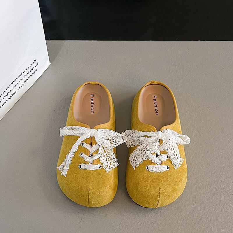Versatile Bow Bag Head Half Slippers Women'S Outer Wear French Retro Birkenstocks Lace Platform Spring