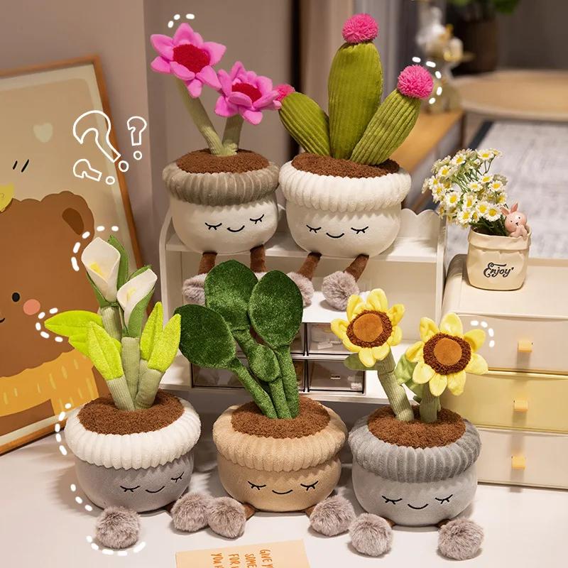 Kawaii Stuffed Plush Plants Lifelike Potted Plant Plush Doll Calla Lily Cactus Little Pink Flower Sunflower Pillow Toy Decor