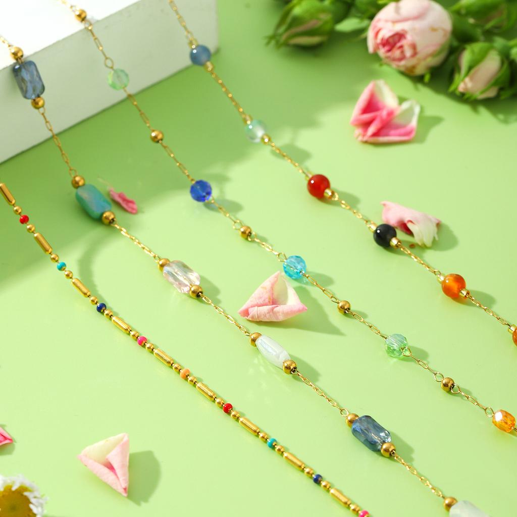 Dopamine Beaded Chain Necklace with Colorful Natural Stones, Bohemian Style Clavicle Chain for Women