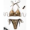 Damen Sommer 2026 Heißes 3-teiliges Set Leder Gold Glänzend Badeanzug Brasilianisches Bikini-Set mit Mini-Rüschenrock Sexy Strandmode Outfits