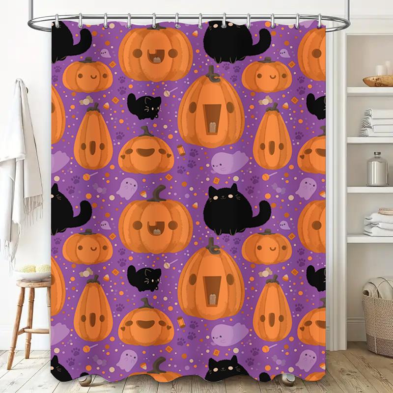 Halloween-Themed Shower Curtain Featuring Pumpkins And Black Cats In Pumpkin Orange Purple Color Scheme Waterproof Bathroom Deco
