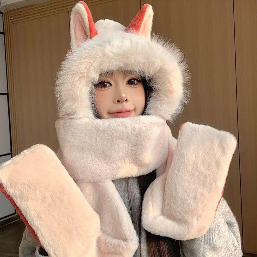 2/3Pcs Cute Scarf Hat Glove for Women Thickened Cartoon Plush Hat Furry Scarf Cap Set  Riding