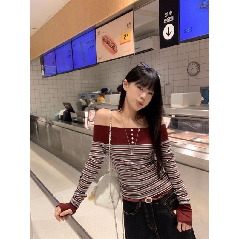 Amerykański Styl Kontrastowy Pasiasty Jednoliniowy Długi Rękaw Jesienny Dopasowany Odkrywający Ramiona Top Bazowy