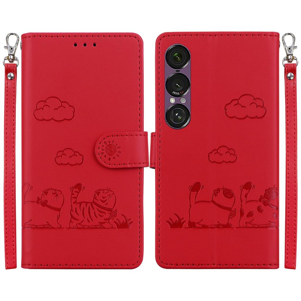 For Sony Xperia 1 VII Case RFID Blocking Kitten Pattern TPU+PU Leather Phone Cover with Wrist Strap