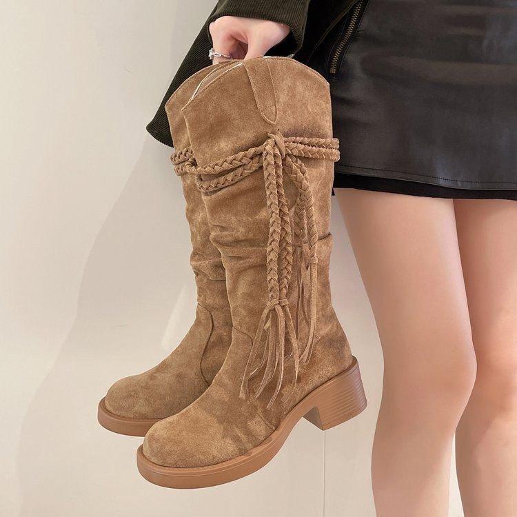 

French retro pleated stacking boots women s 2025 autumn new wasteland wind fringed knight boots but knee boots 40 коричневый