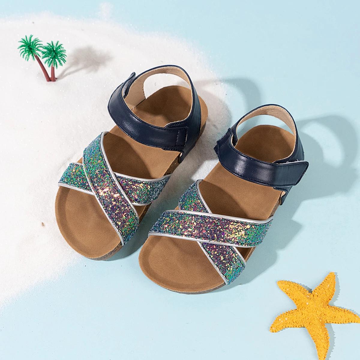 

Детские сандалии принцессы со сверкающими пайетками, пляжная обувь для девочек, модные универсальные сандалии с мягкой подошвой и комфортом 23 синий
