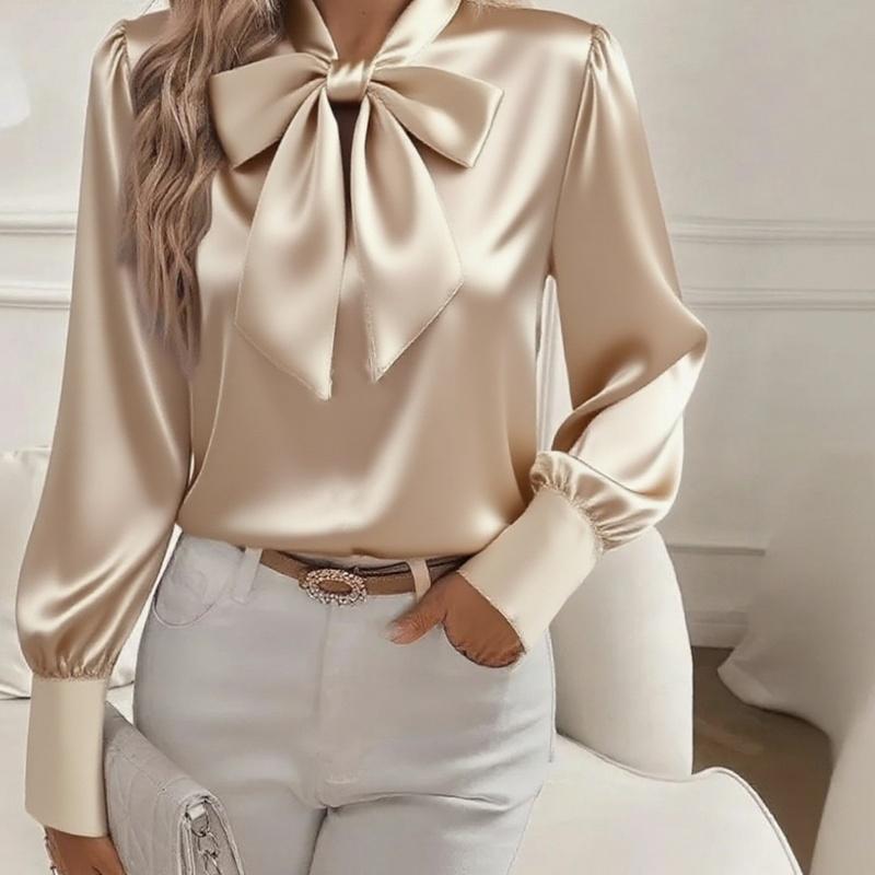 Women's Satin Blouse Long Sleeve Bow Tie Neck Elegant Office Shirt Dressy Top