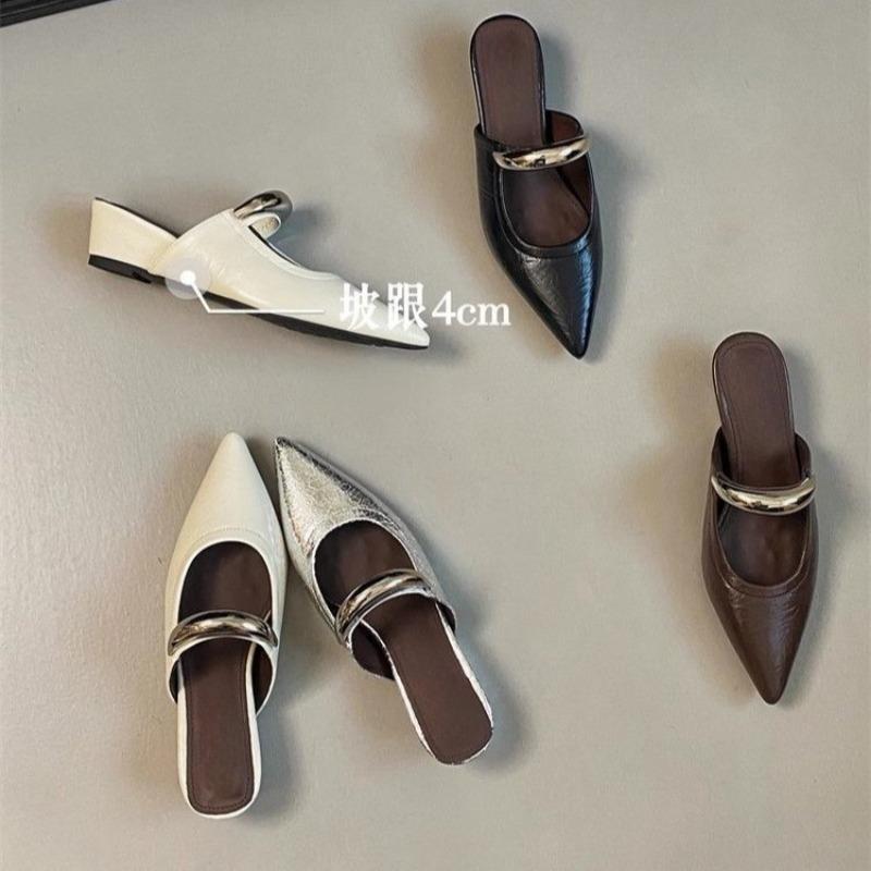 Fashion New Summer 2025 Footwear Women Metal Buckle Pointed Toe Sandals Female Leopard Comfy Slides Fashion Wedge Mules Slippers Ladies